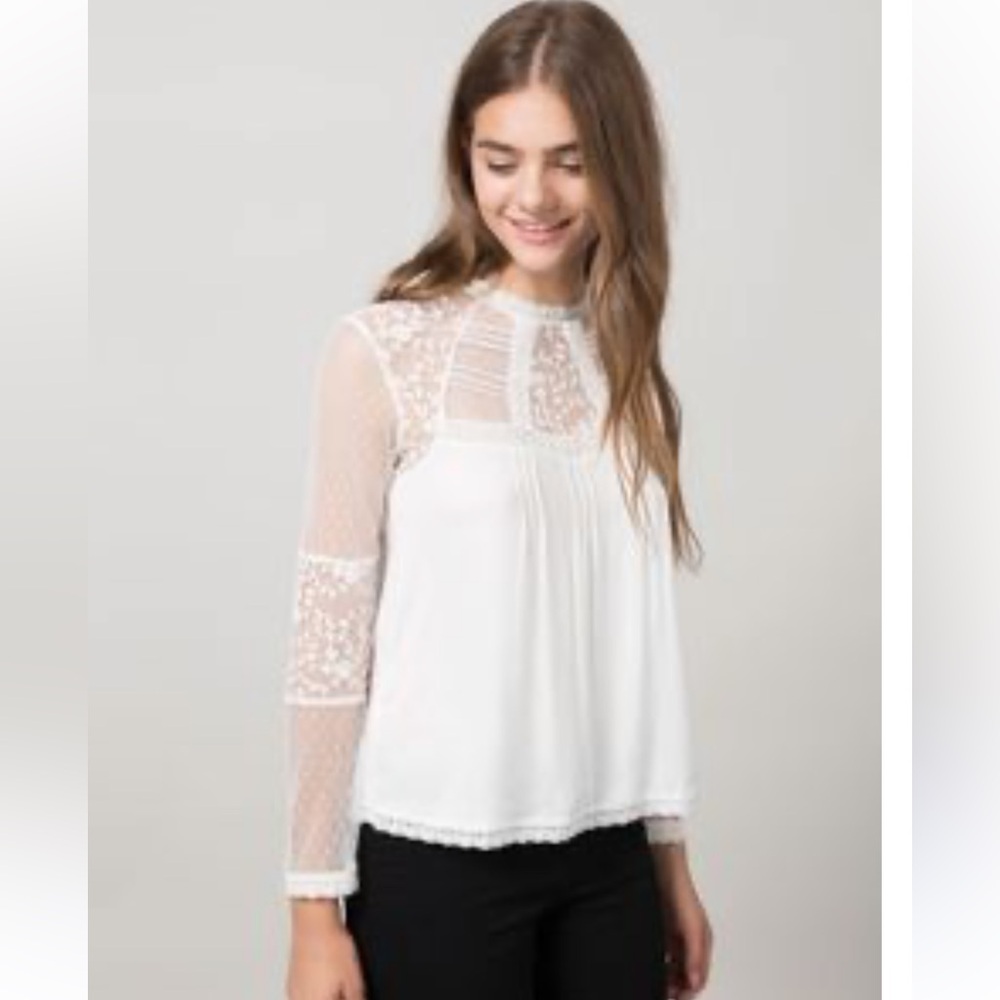 Desigual Renacida Sheer Panel Victorian Lace Embroidered High Neck Blouse Ivory